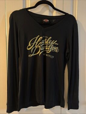 Harley-Davidson Black Long Sleeve V-Neck Top with Gold Script Logo